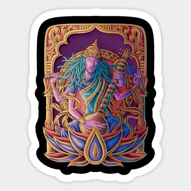 Goddess Saraswati Sticker - Hindu Goddess Of Music & Knowledge Decal (4.5x3 Inches)
